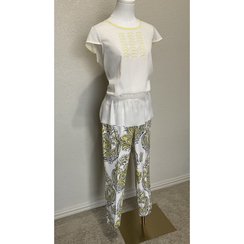 Ann Taylor Petites, Peplum Blouse, Cap Sleeves, Cream, Yellow Trim, Size: MP